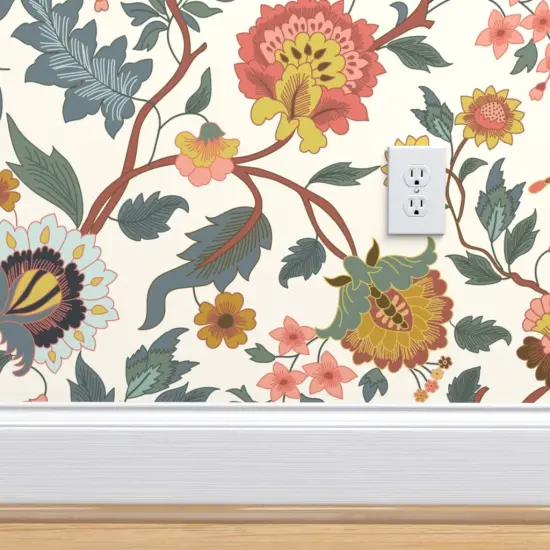 Pre-Pasted Wallpaper 2FT Wide Multicolor Flowers Folk Garden Bedroom Italian Botanical Florals Villa Sage Mustard Coral Wildflower Meadow Large Scale Custom Pre-pasted Wallpaper by Spoonflower {4}