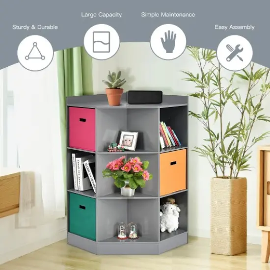 3-Tier Kids Storage Shelf Corner Cabinet with 3 Baskets Grey {7}