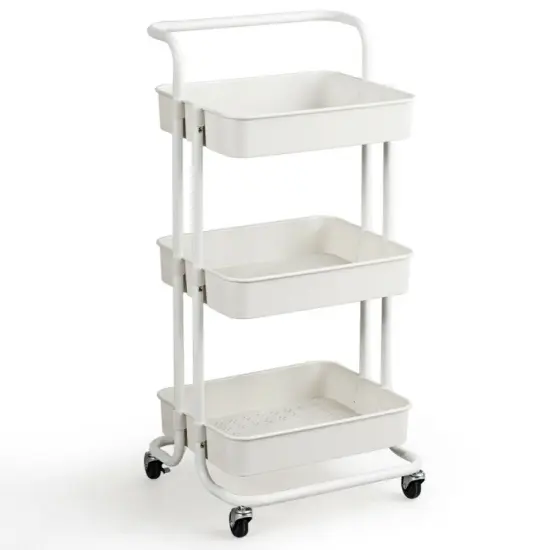 3-Tier Multi-Purpose Vertical Utility Cart with Smooth Casters Ample Storage and Drainage Design White {7}