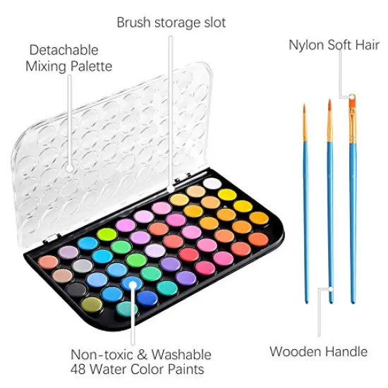 48 Colors Washable Watercolor Paint Set with 3 Brushes and Palette, Non-toxic Paints Sets for Kids, Adults, Beginners Artists, Make Your Painting Talk {6}