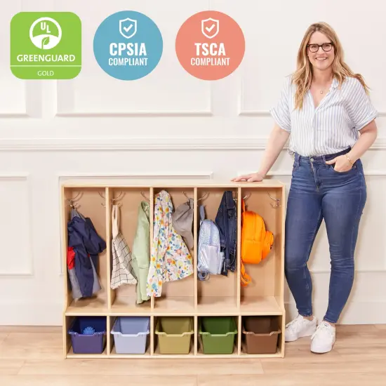 Streamline 5-Section Toddler Coat Locker with Bench, Classroom Furniture Natural {5}