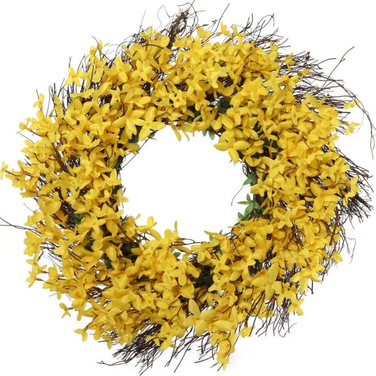 22" Sunny Yellow Forsythia Wreath with Grapevine Ring, Floral Home by Artificial Flowers {1}