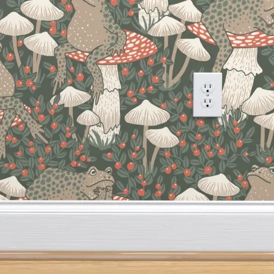 Pre-Pasted Wallpaper 2FT Wide Woodland Forest Toads Mushrooms Toadstool Cottagecore Whimsical Fairy Custom Pre-pasted Wallpaper by Spoonflower {4}
