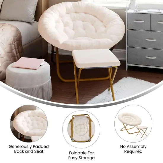 Emma and Oliver Ersa Oversize Folding Saucer Moon Chair and Ottoman for Dorm and Bedroom with Steel Frames IvoryShearl/SoftGold {3}
