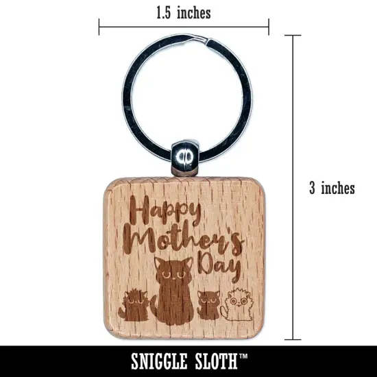 Happy Mother's Grouchy Mad Mom Cat with Kittens Engraved Wood Square Keychain Tag Charm {2}