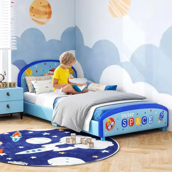 Honeyjoy Children Twin Size Upholstered Platform Single Bed with Headboard & Footboard Blue {2}