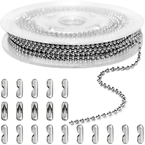 33 ft Ball Chain 2.4mm Silver Stainless Steel Bead Link Chain Roll for Beaded Dog Tag Necklace, Mens Military Jewelry Making Supplies, Pull Chain DIY Bracelets Keychain Craft - w/20#3 Connectors {1}