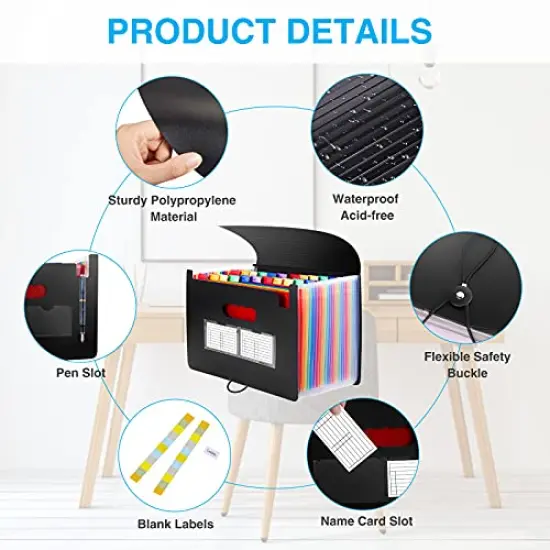 24 Pockets Expanding File Folder with Blank Labels, According File Organizer with Expandable Cover, Desktop Accordion Folders Letter A4 Paper Document Storage Organizer, Black {1}