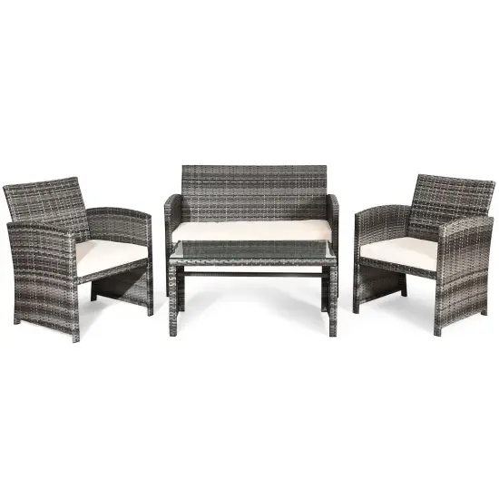 Costway 4PCS Patio Rattan Furniture Set Conversation Glass Table Top Cushioned Sofa, White {2}