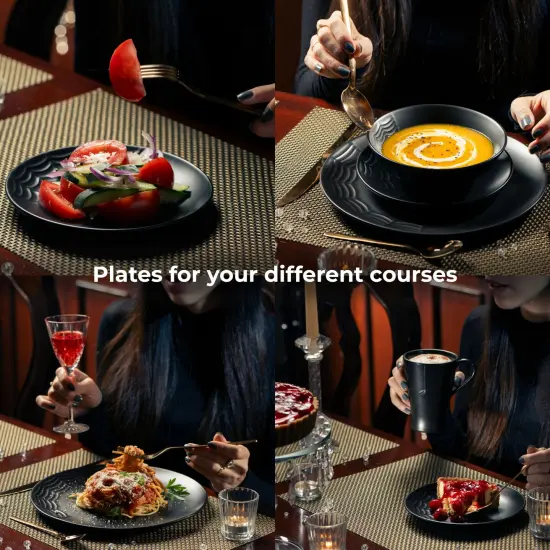 Nomnu Spiderweb-Embossed Gothic Dinnerware Set 16 Pieces - Includes 4 Dinner plates, 4 Salad Plates, 4 Bowls, and 4 Mugs. Halloween Spooky Goth Kitchen Decor Gifts. Gothic Decor {4}