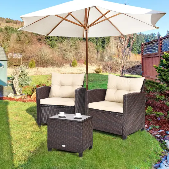 3 Pcs Patio Rattan Furniture Set Cushioned Conversation Set Coffee Table Beige {2}