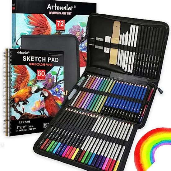 Artownlar 72 Pack Drawing Sketching Set with 8x11" Sketchbook | Pro Art Supplies Kit for Artist Adults Teens Beginner | Tutorial, Graphite Charcoal, Watercolor & Metallic Colored Pencils in Gift Case. {2}