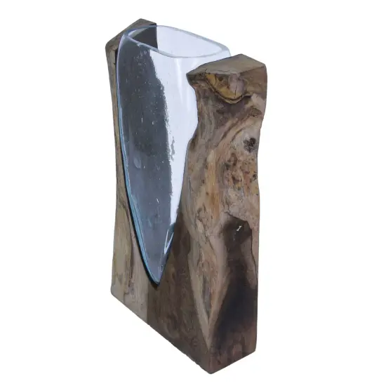 14 Inch Natural Wood Stand Blown Glass Vase Rustic Flower Centerpiece Home Decor {4}
