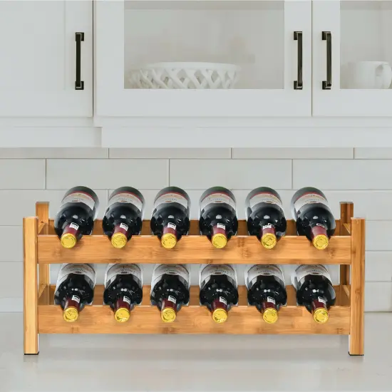 2-Tier 12 Bottles Bamboo Storage Shelf Wine Rack Natural {6}