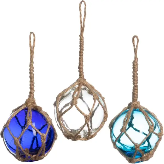 Japanese Glass Fishing Floats Ball - 3" Aqua Cobalt and White (3 Pack) - Glass Buoys With Rope {5}