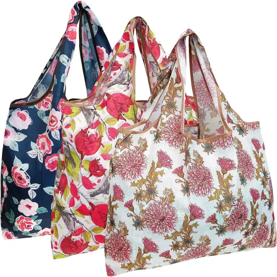Wrapables Large Foldable Tote Nylon Reusable Grocery Bag, 3 Pack Vintage Bloom {1}