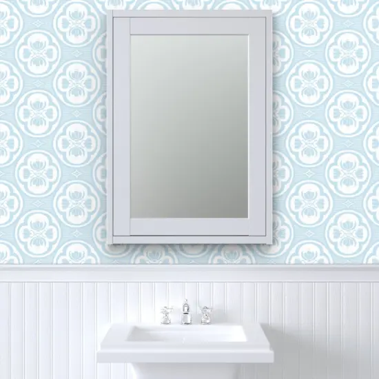 Pre-Pasted Wallpaper 2FT Wide Pastel Blue Floral Damask Quatrefoil Light White Traditional Tulip Flowers Custom Pre-pasted Wallpaper by Spoonflower {6}