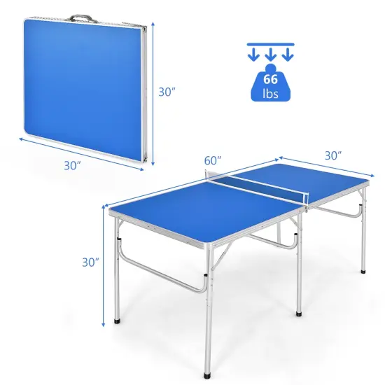 60 Inch Portable Tennis Ping Pong Folding Table with Accessories Blue {4}