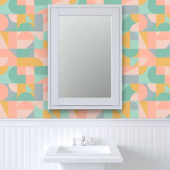 Pre-Pasted Wallpaper 2FT Wide Pastel Mod Mint Retro Abstract Gold Green Mcm Blush Pink Shapes Vintage Style Custom Pre-pasted Wallpaper by Spoonflower {6}