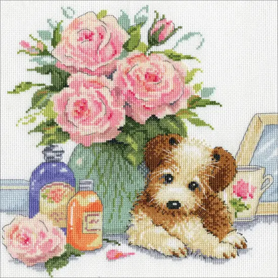 Design Works Counted Cross Stitch Kit 10"X10"-Puppy W/Roses {3}