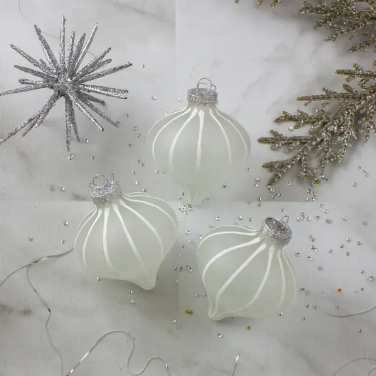 Northlight 3ct Clear and White Matte Frosted Glitter Stripes Glass Christmas Onion Drop Ornaments 3.25" (75mm) {4}