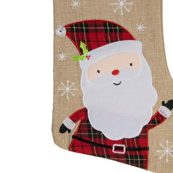 Northlight 19" Burlap Plaid Whimsical Santa Waiving Christmas Stocking Beige {4}