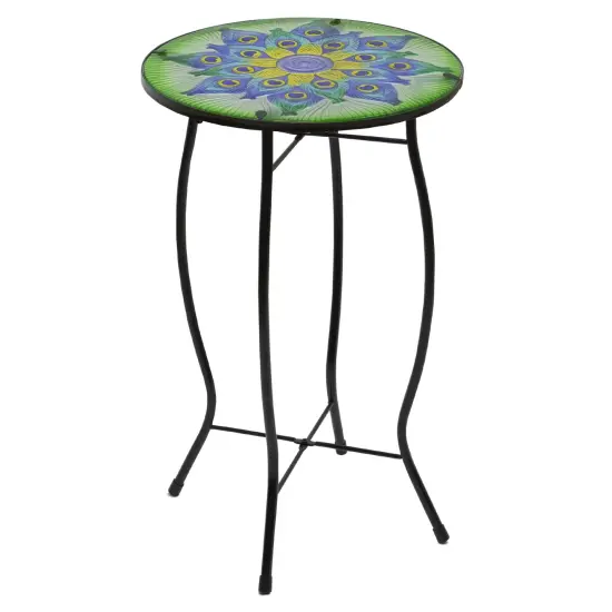 Northlight 19" Green and Blue Peacock Flower Tail Glass Patio Side Table {5}