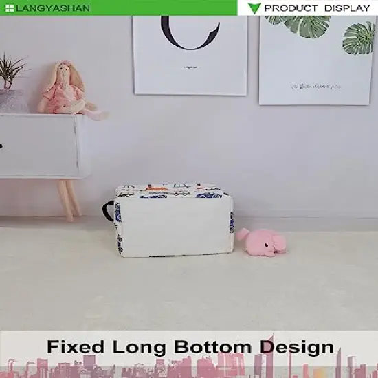 LANGYASHAN Rectangular Storage Bin Collapse Canvas Fabric Cartoon Storage Basket with Handles for Organizing Home Kitchen Boys and Girls Toys Office Closet Shelf Baskets(Rec Color Cars) {3}