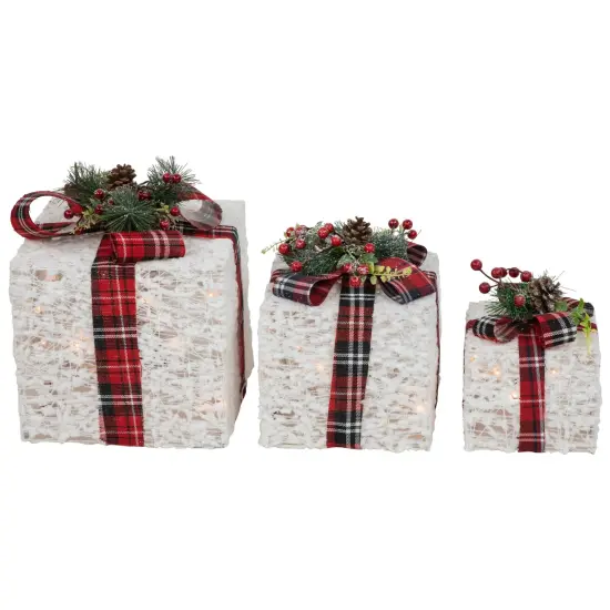 Northlight Lighted Textured and Plaid Gift Boxes Outdoor Decorations - Warm White - Set of 3 {7}