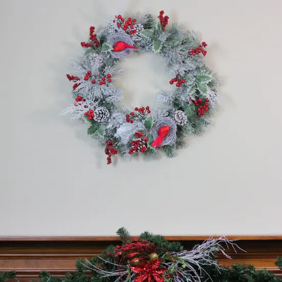 Northlight Berries and Cardinals Nests Flocked Pine Artificial Christmas Wreath - 24" - Unlit Green {4}