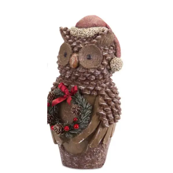 Melrose Set of 2 Brown Pine Cone Owl Wearing Santa Hat Christmas Figure 14.5" {4}