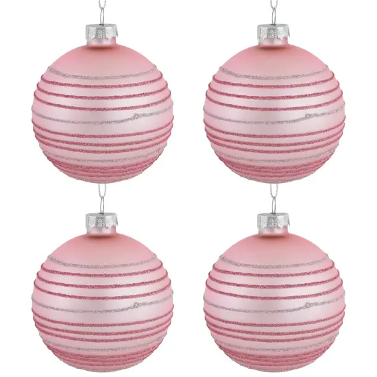 Northlight Glitter Striped Glass Christmas Ball Ornaments - 3" (80mm) - Pink - 4ct {6}