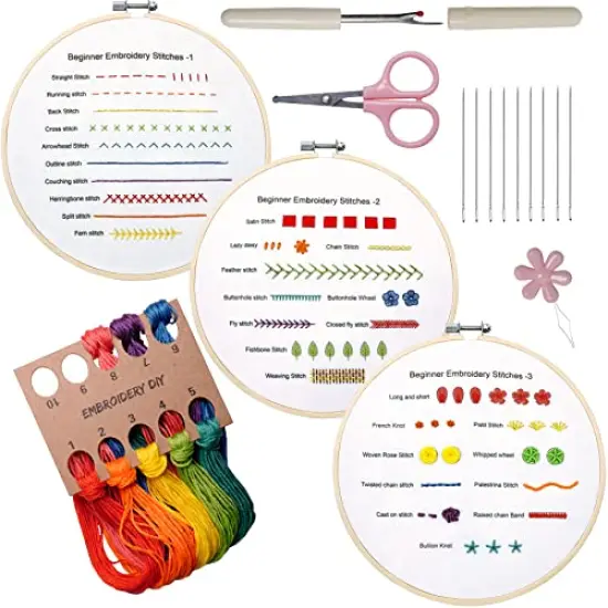 Beginners Embroidery Stitch Practice kit, 3 Sets Embroidery Kit to Learn 30 Different Stitches for Craft Lover Hand Stitch with Embroidery Fabric with Embroidery Skill Techniques {1}