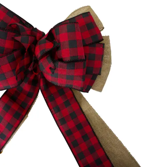 Northlight 48" x 10" Burlap and Buffalo Plaid 16 Loop Christmas Bow Decoration Brown {4}