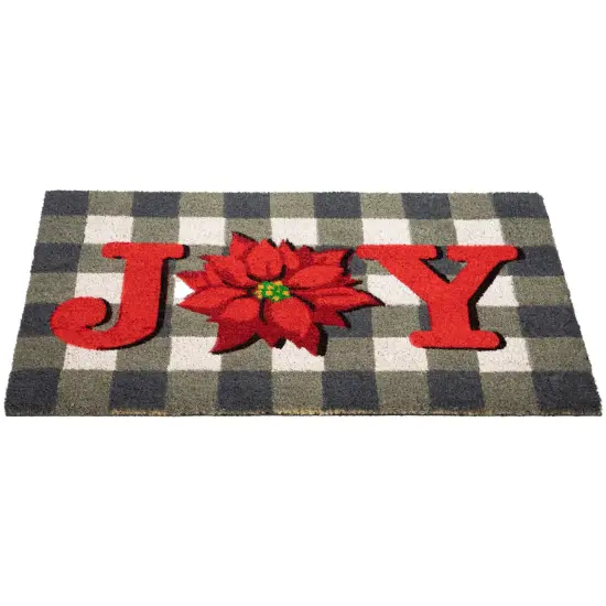 Northlight Gray and Red Poinsettia "Joy" Christmas Natural Coir Outdoor Doormat 18" x 30" {5}