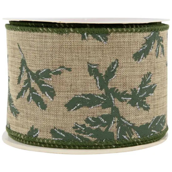 Northlight Brown with Green Leaves Wired Craft Ribbon 2.5" x 10 Yards {5}
