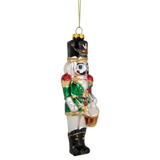 Northlight 5.25" Green, Red and Gold Nutcracker With Drum Glass Christmas Ornament White {4}