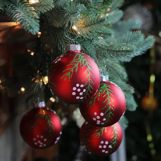 Northlight Glittered Pine Needle Glass Christmas Ball Ornaments - 3" (75mm) - Red - 4ct {4}