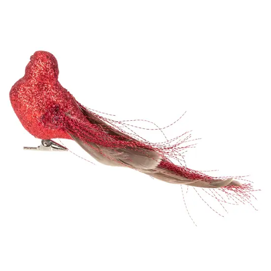 Northlight Glittered Bird with Feather Tail Christmas Clip Ornament - 7" - Red {5}