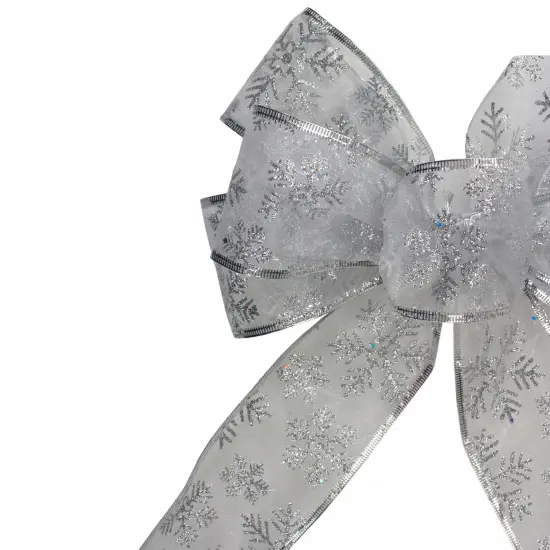 Northlight Glitter Snowflake 6-Loop Sheer Christmas Bow Decoration - 9" x 14" - Silver White {4}