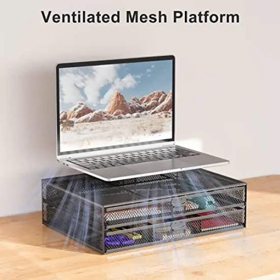 WALI Monitor Stand with Storage, Laptop Stand with Drawers Storage, Desk Organizer and Accessories for Office, Home, School, (STT006-B), Black {3}