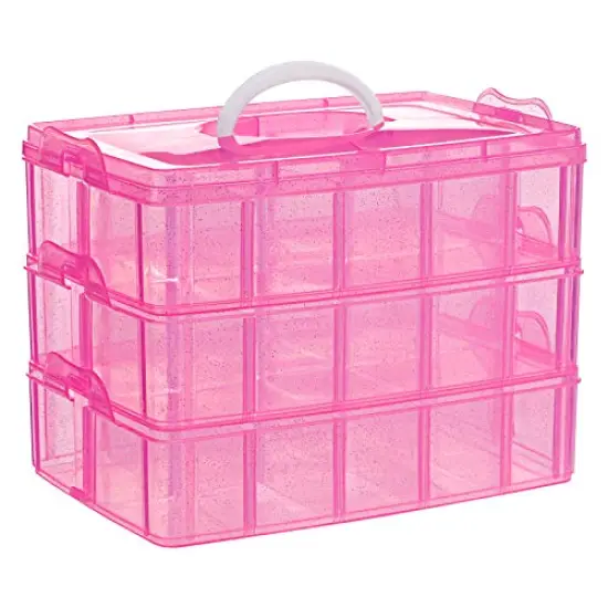 3-Tier Pink Craft Storage Container, Stackable Organizer Box with Dividers for Art Supplies, Beads, Washi Tapes, Seed, Hair Accessories, Nail, 9.5X6.5X7.2in {2}
