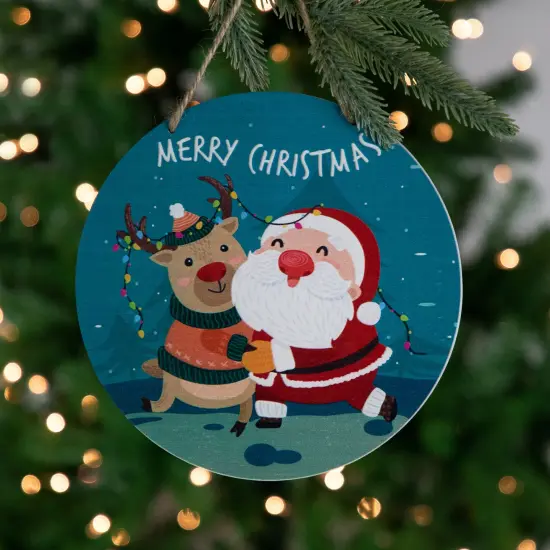 Northlight Santa and Reindeer "Merry Christmas" Disc Ornament - 8" - Blue and Red Green {3}