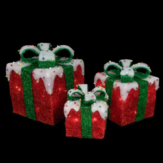 Northlight Lighted Snow and Candy Covered Sisal Gift Boxes Outdoor Christmas Decorations - Set of 3 Red {4}