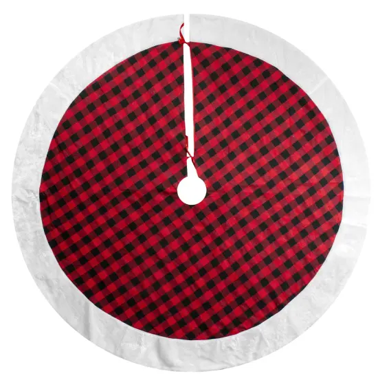 Northlight 48" Red and Black Buffalo Plaid Christmas Tree Skirt with Faux Fur Trim {4}