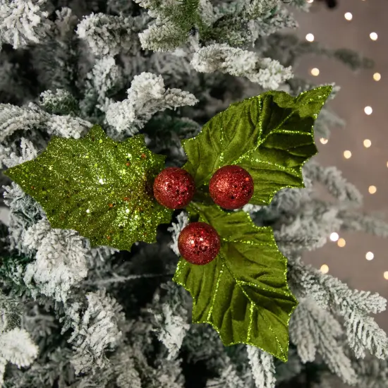 Northlight 19" Glittered Holly with Berry Christmas Stem Spray Green {3}
