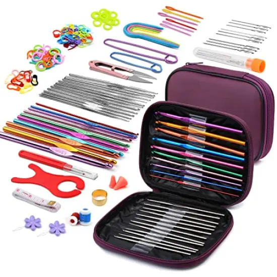 IMZAY 110 Pcs Crochet Hooks Set, Crochet Kit Crochet Hooks Kit with Storage Case, Ergonomic Knitting Needles Blunt Needles Stitch Marker DIY Hand Knitting Craft Art Tools for Beginners-Purple {1}