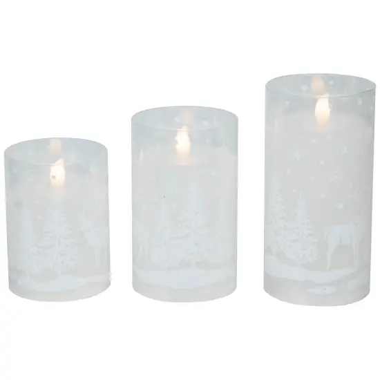 Northlight LED Flameless Flickering Snowy Woodland Glass Christmas Pillar Candles - 6" - Set of 3 White {6}