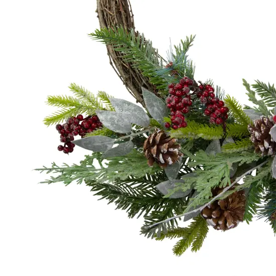 Northlight Icy Winter Foliage and Plaid Bow Artificial Christmas Twig Wreath, 23 inch, Unlit Brown {4}