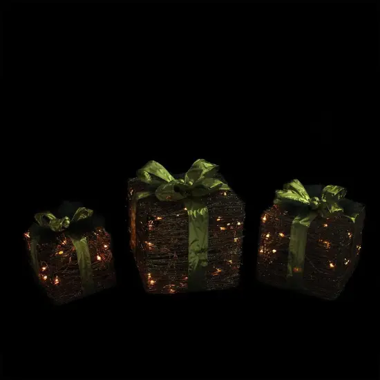 Northlight Lighted Glitter Rattan Gift Boxes Christmas Decoration - 12" - Clear Lights - Set of 3 Brown {4}